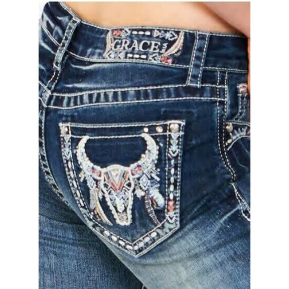 Grace in LA Women's Western Steer Head Feather Embroidered Bootcut Stretch Jeans - Picture 1 of 4